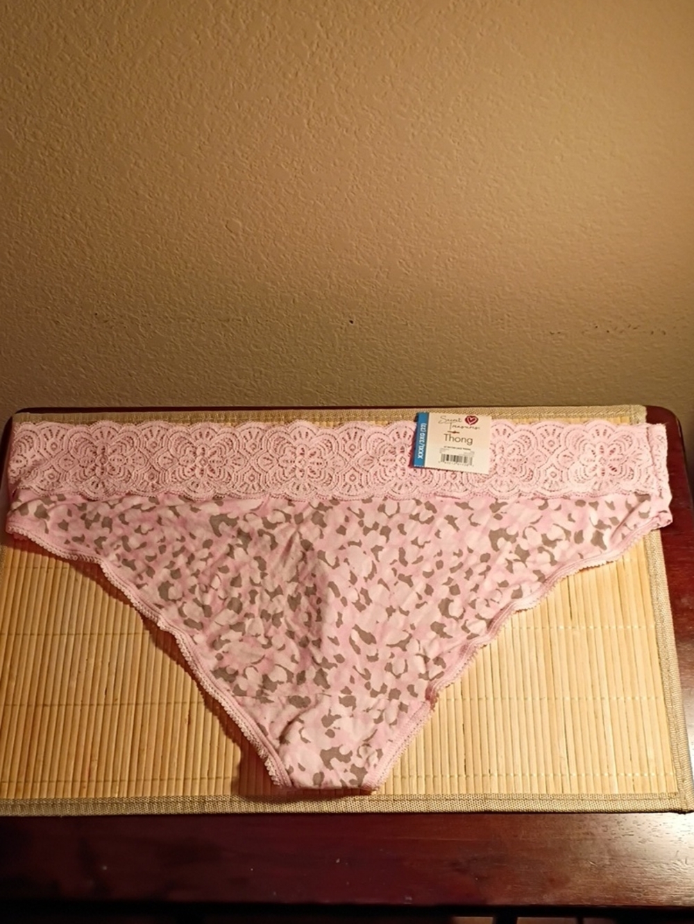 Secret Treasures Pink Lace-Waist Thong with Gray and White Print Size XXXL